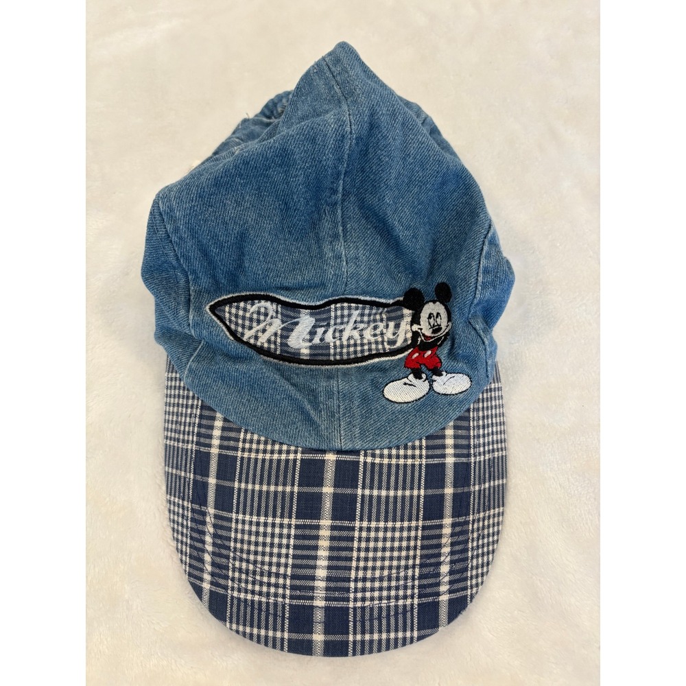 Vintage Mickey Unlimited Denim Plaid Brim Baseball Hat Blue Cotton Disney Cap